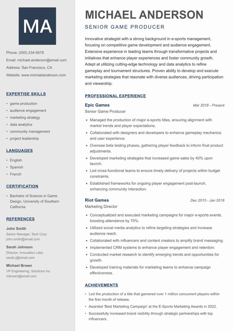 Head of E-Sports Resume Preview Example