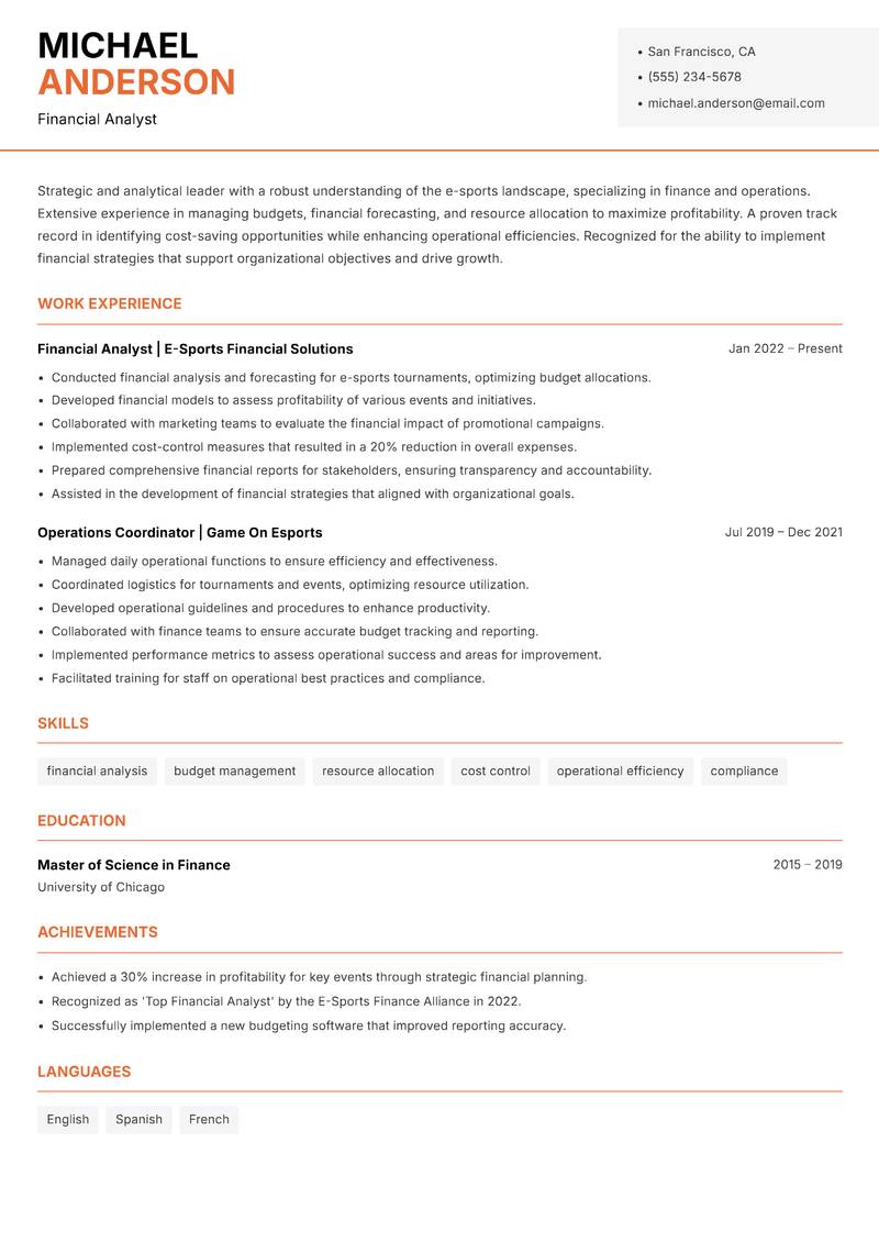 Head of E-Sports Resume Template