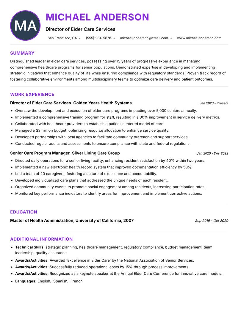 Head of Elder Care Resume Preview Example