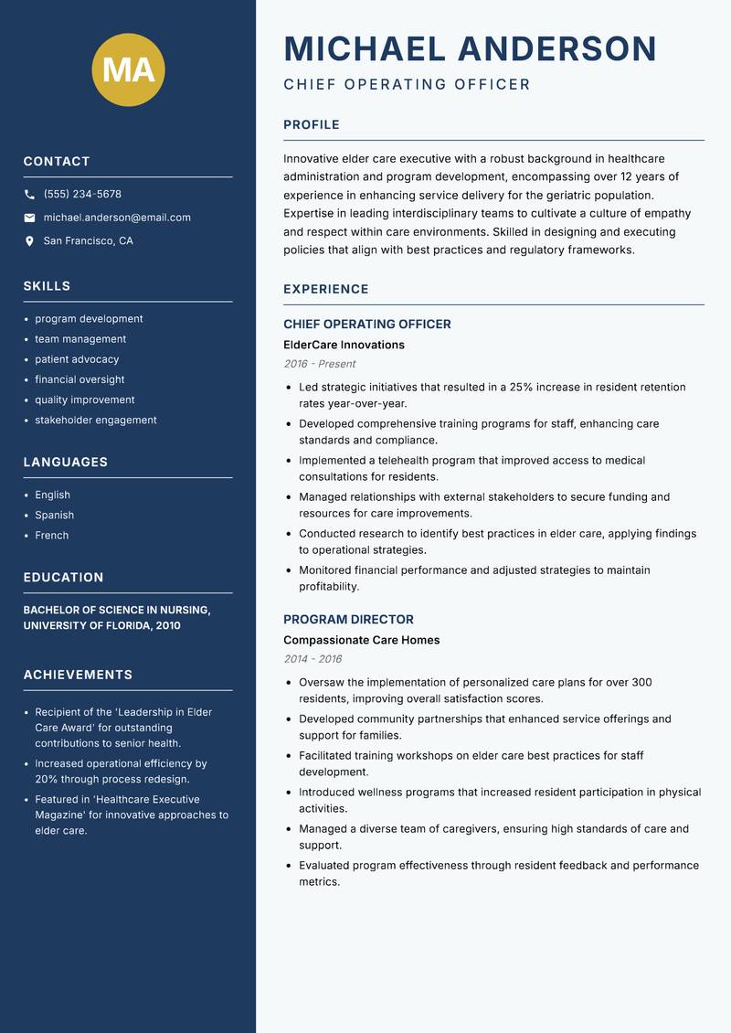 Head of Elder Care Resume Preview Example