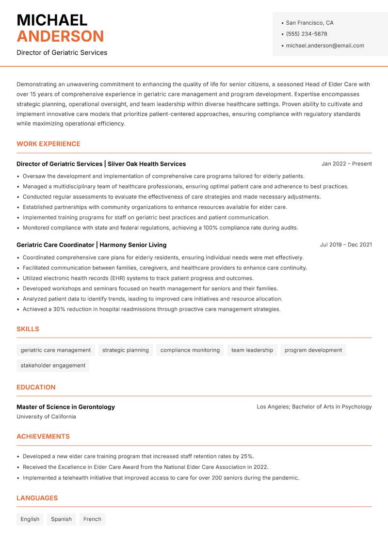 Head of Elder Care Resume Template