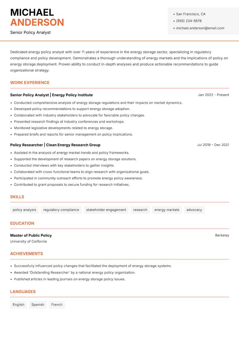 Head of Energy Storage Resume Template