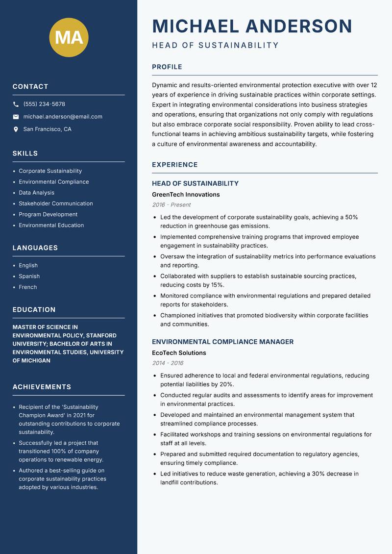 Head of Environmental Protection Resume Preview Example