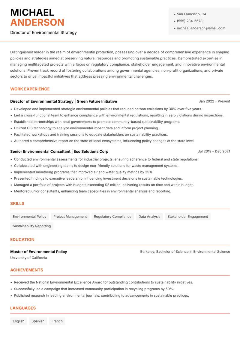 Head of Environmental Protection Resume Template