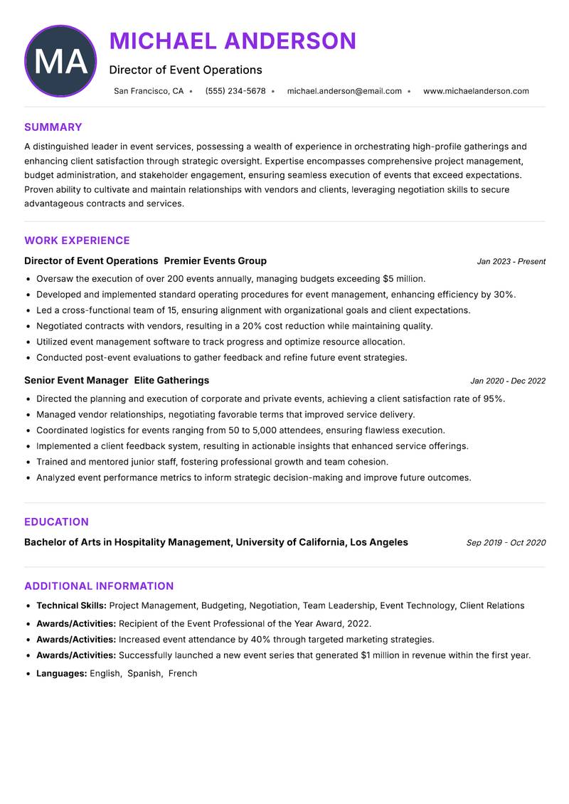 Head of Event Services Resume Preview Example