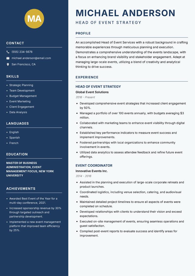 Head of Event Services Resume Preview Example