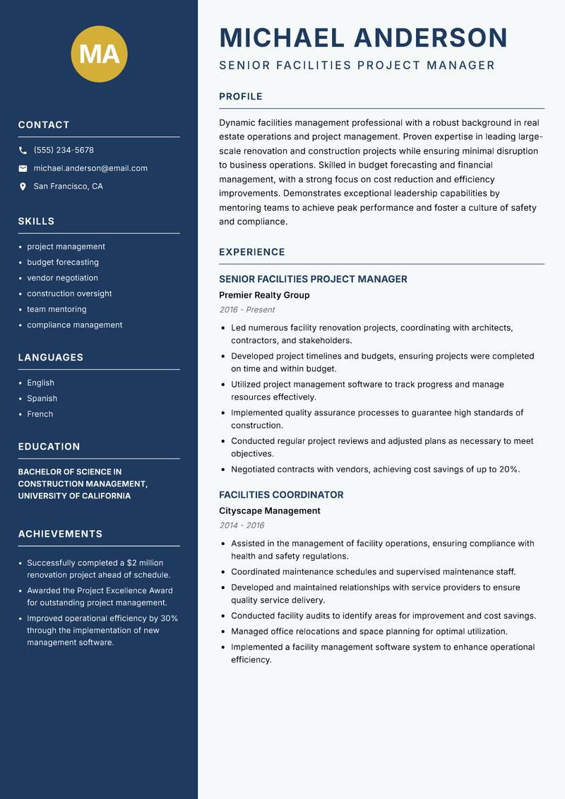 Head of Facilities Management Resume Preview Example