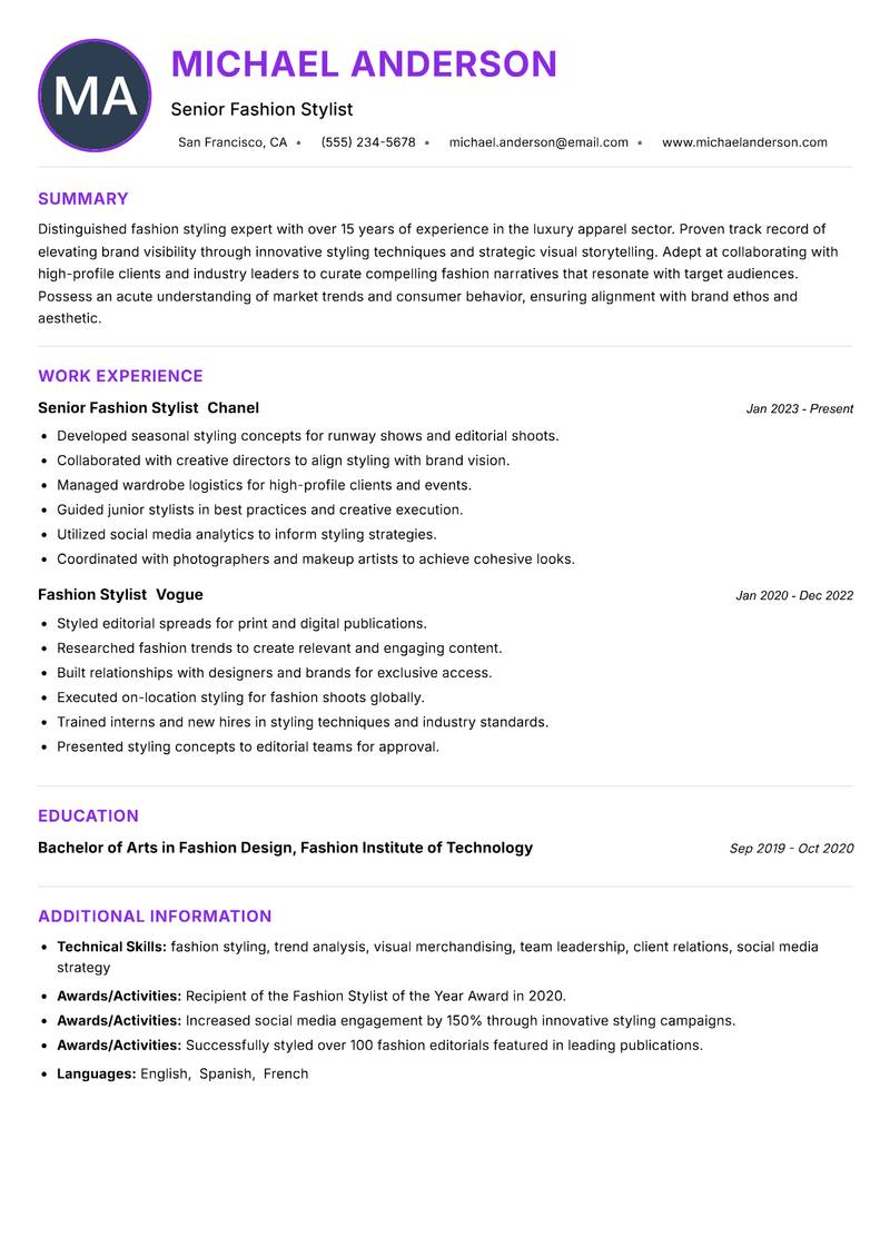 Head of Fashion Styling Resume Preview Example