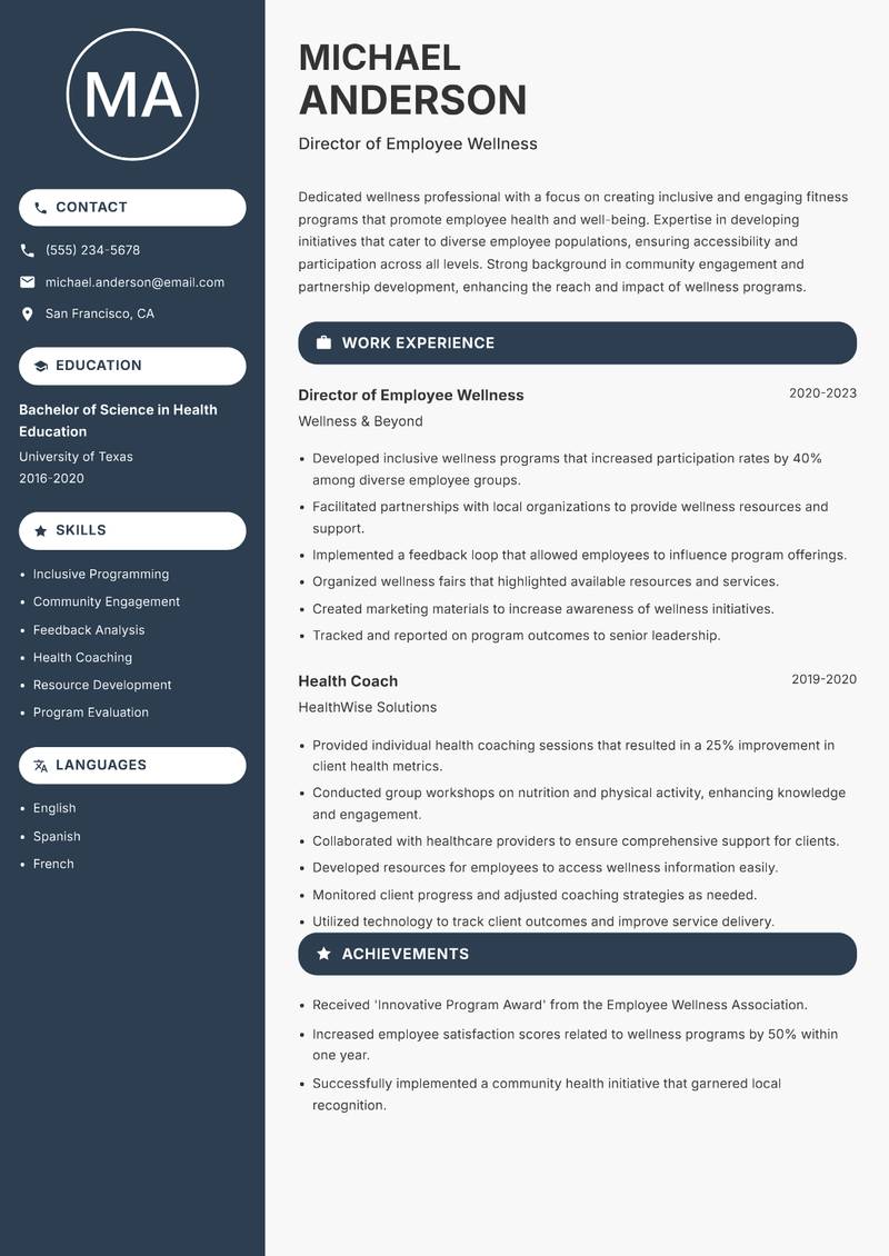 Head of Fitness and Wellness Resume Preview Example