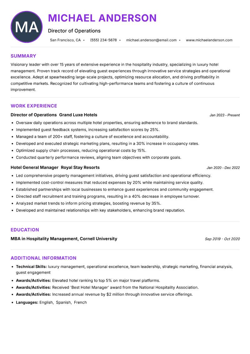 Head of Hospitality Resume Preview Example