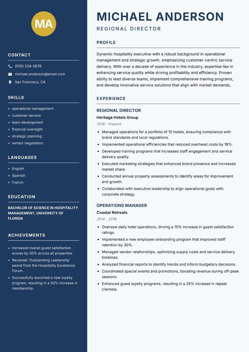 Head of Hospitality Resume Preview Example