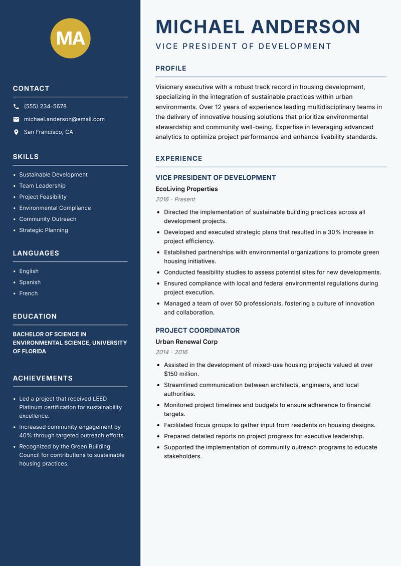 Head of Housing Development Resume Preview Example