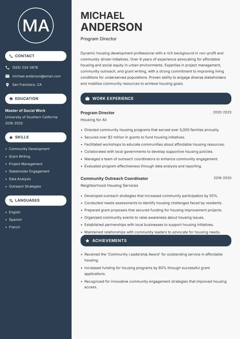 Head of Housing Development Resume Preview Example