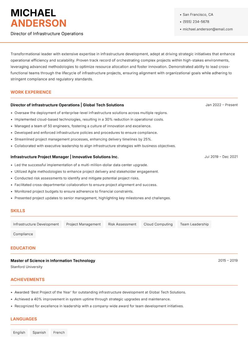 Head of Infrastructure Development Resume Template
