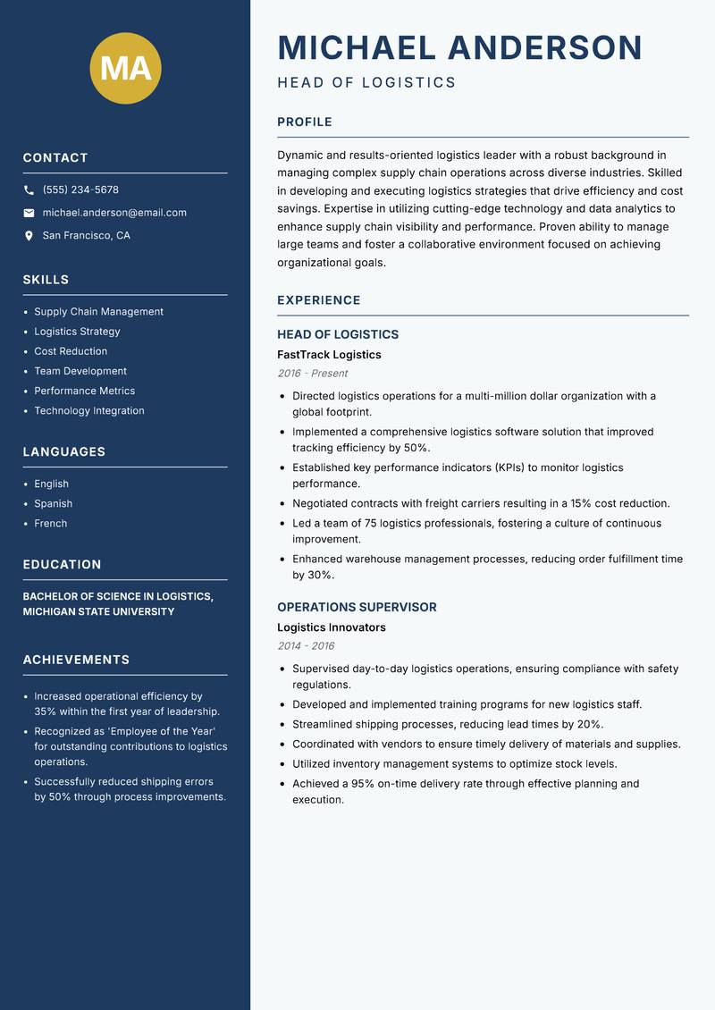 Head of Logistics Resume Preview Example