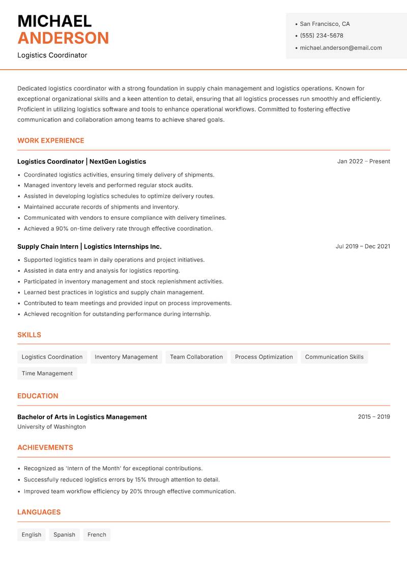 Head of Logistics Resume Template