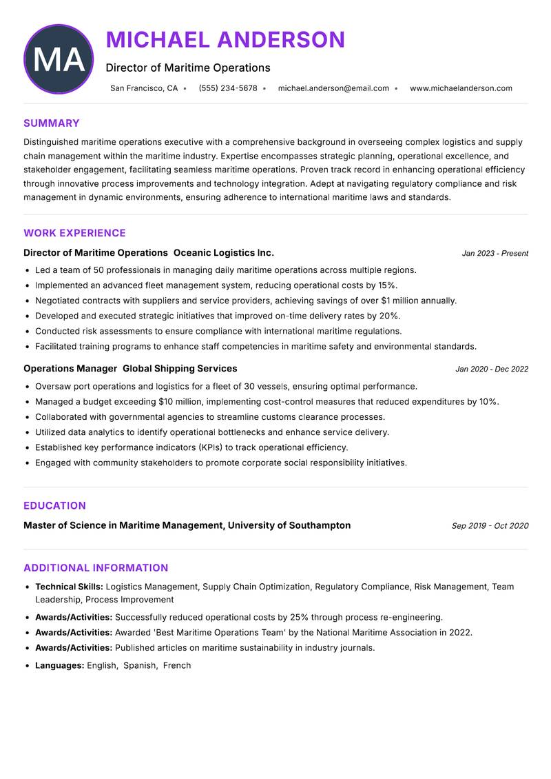 Head of Maritime Operations Resume Preview Example