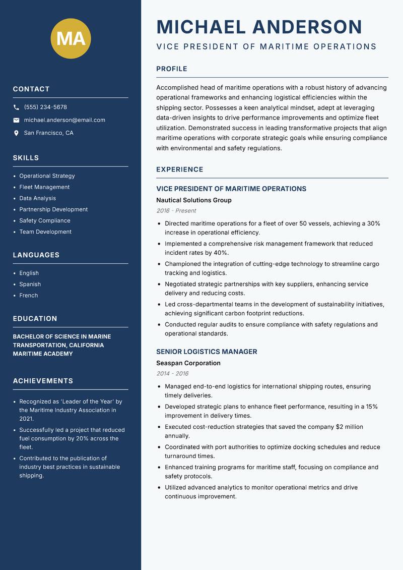 Head of Maritime Operations Resume Preview Example