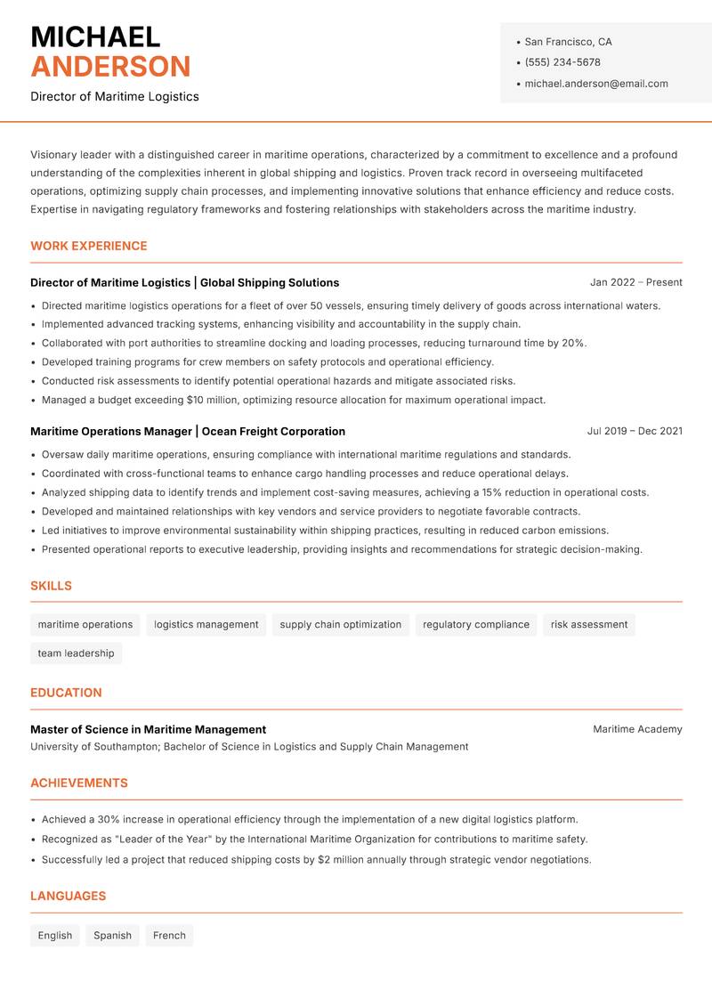 Head of Maritime Operations Resume Template