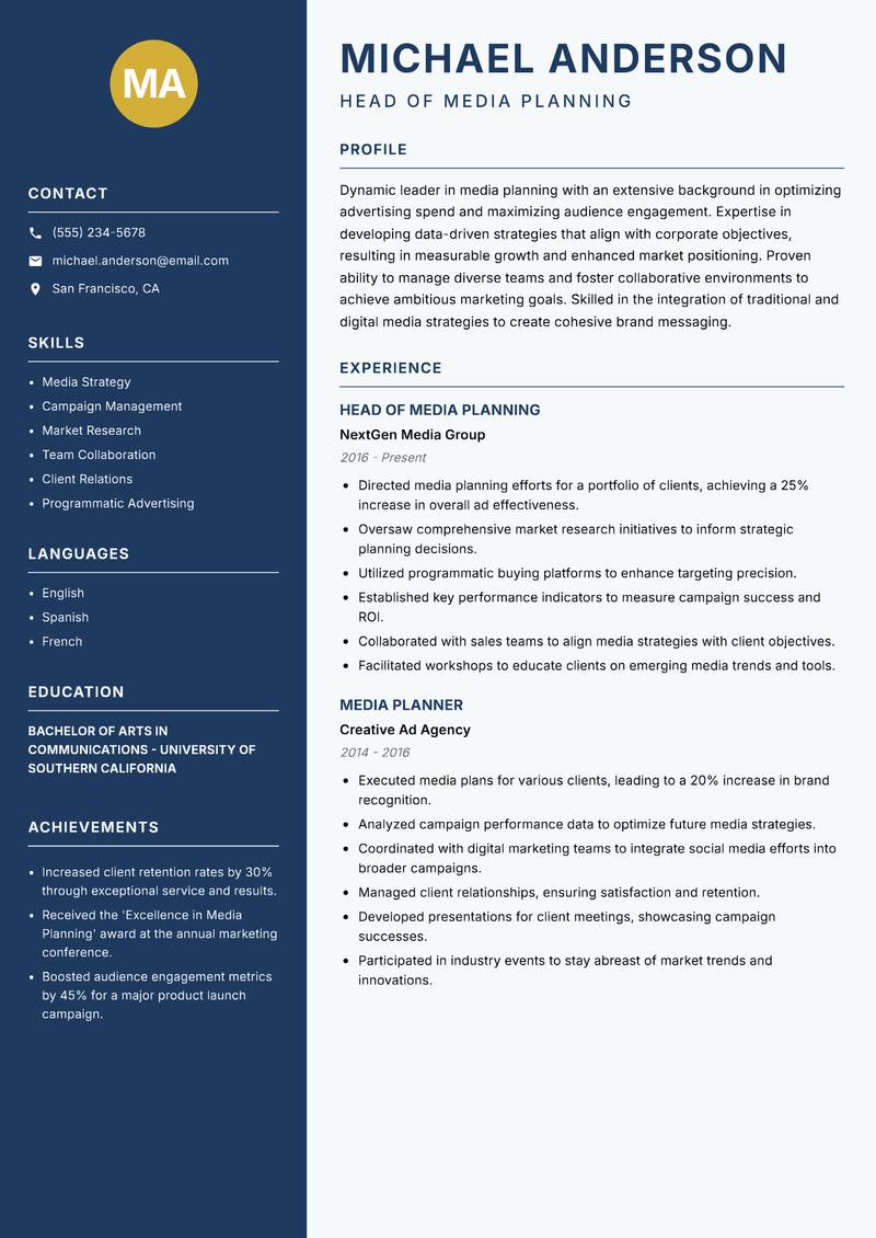 Head of Media Planning Resume Preview Example