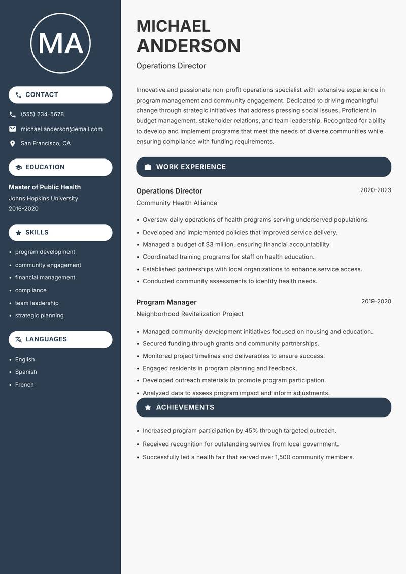 Head of Non-Profit Operations Resume Preview Example