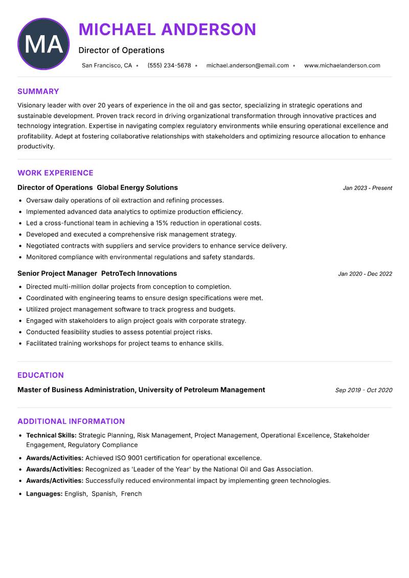 Head of Oil and Gas Resume Preview Example