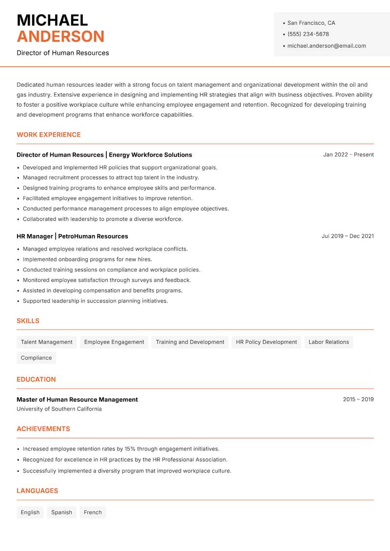 Head of Oil and Gas Resume Template