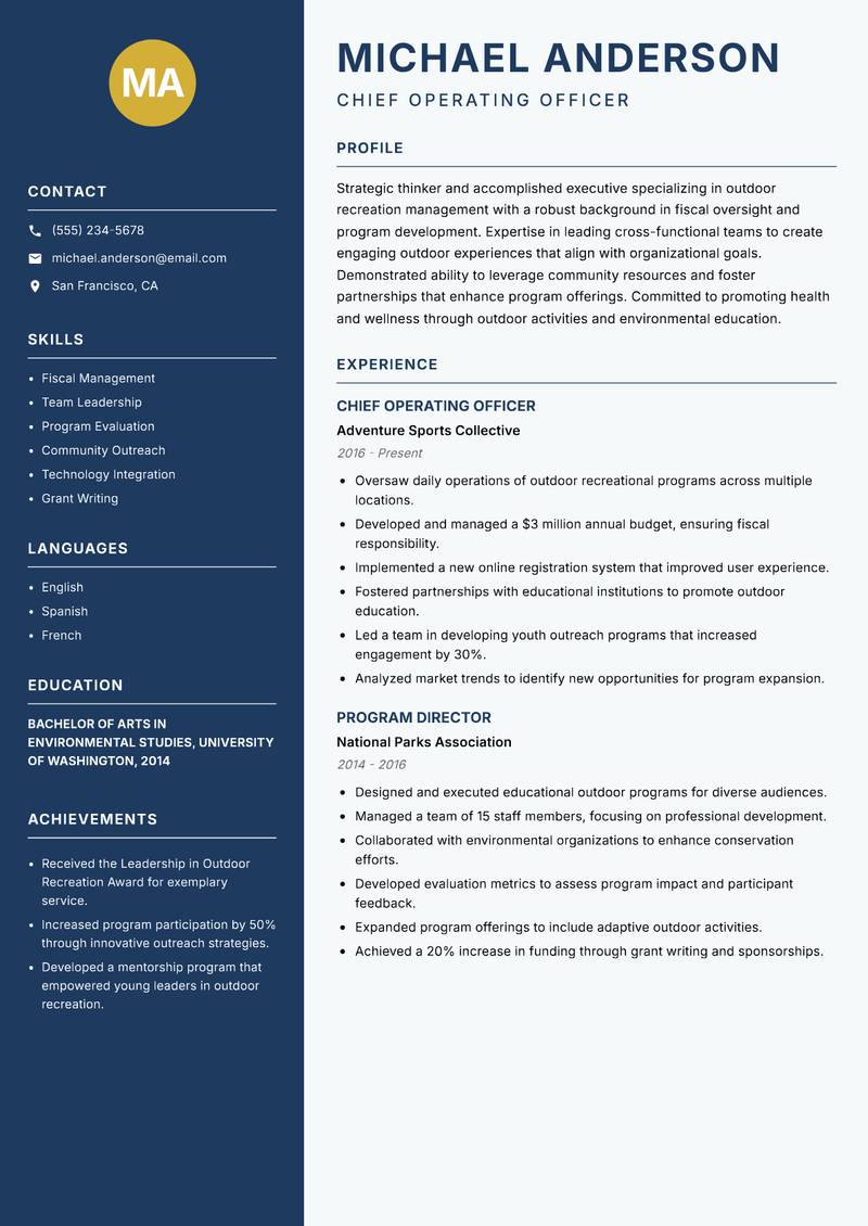 Head of Outdoor Recreation Resume Preview Example