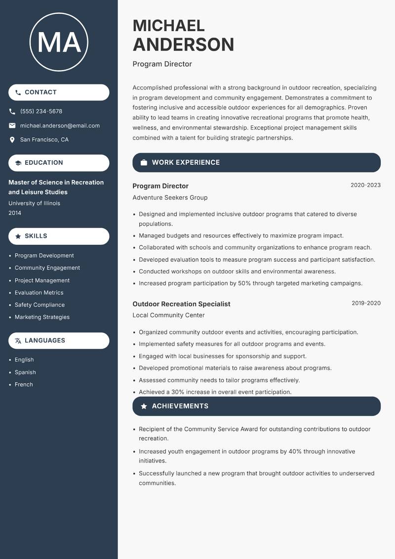 Head of Outdoor Recreation Resume Preview Example