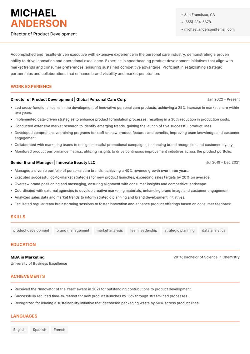 Head of Personal Care Resume Template