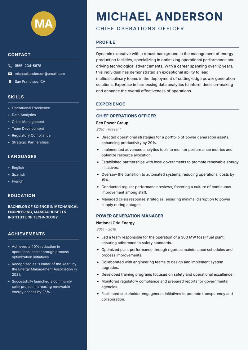 Head of Power Generation Resume Preview Example