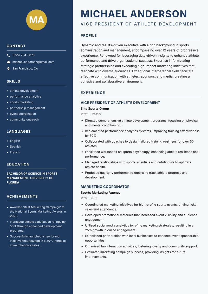 Head of Professional Sports Resume Preview Example