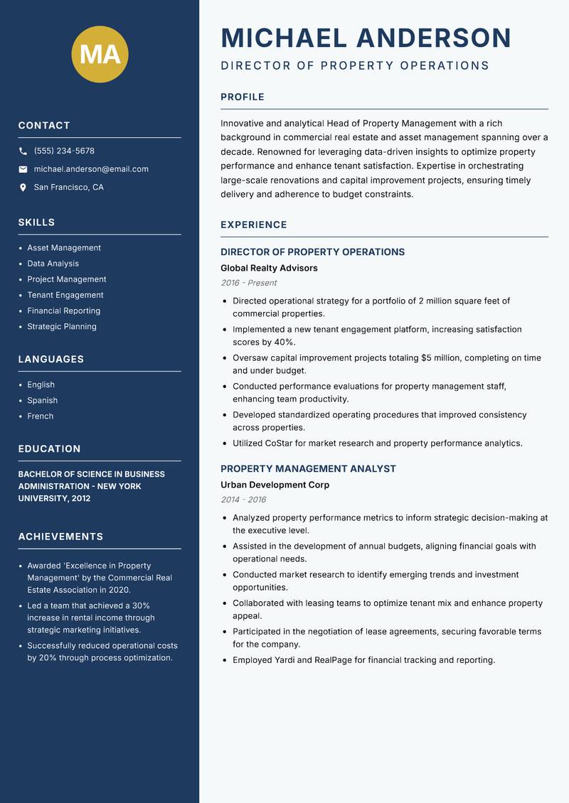 Head of Property Management Resume Preview Example