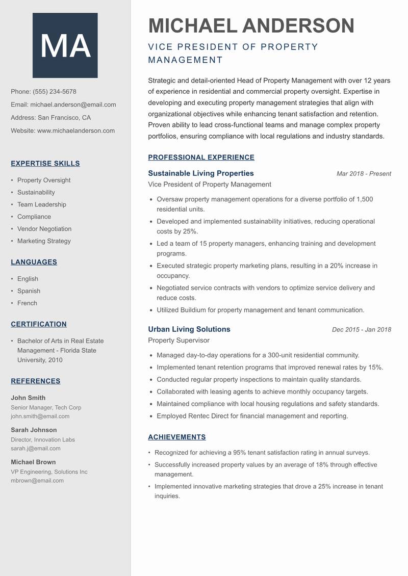 Head of Property Management Resume Preview Example