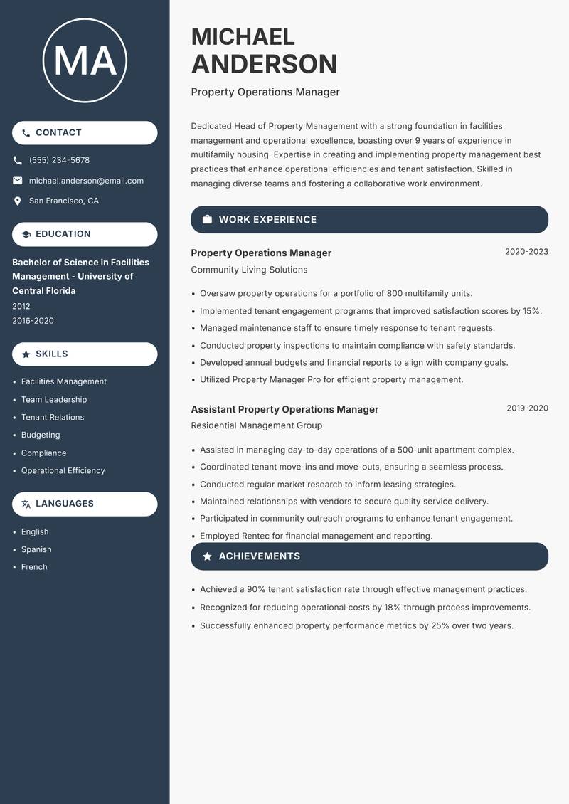 Head of Property Management Resume Preview Example