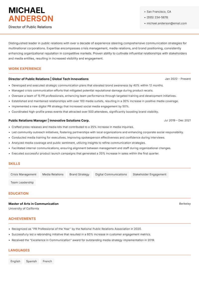Head of Public Relations Resume Template