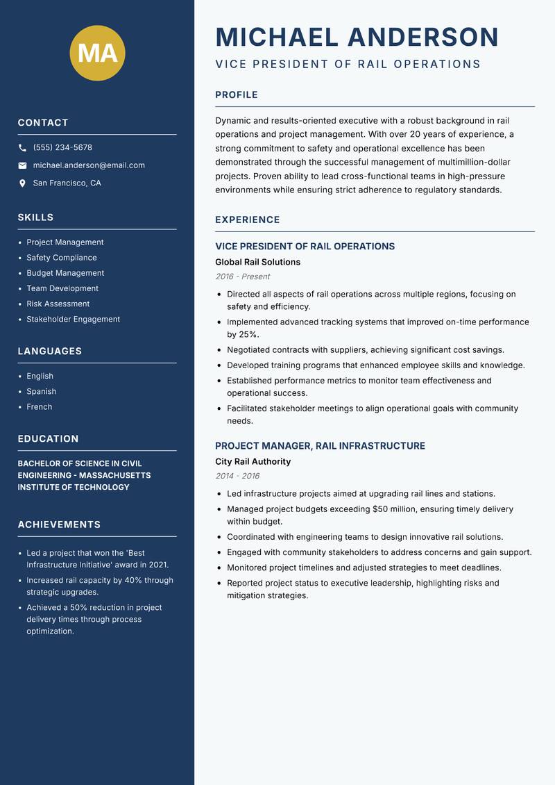 Head of Rail Operations Resume Preview Example