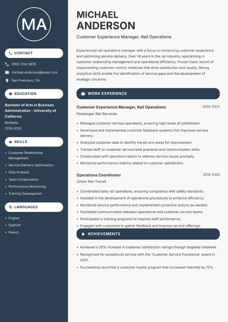 Head of Rail Operations Resume Preview Example