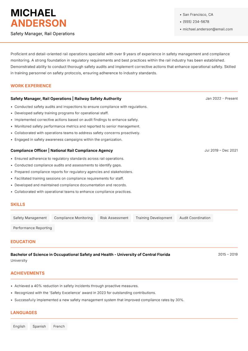Head of Rail Operations Resume Template