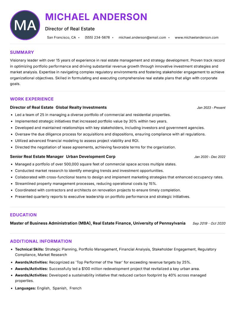 Head of Real Estate Resume Preview Example