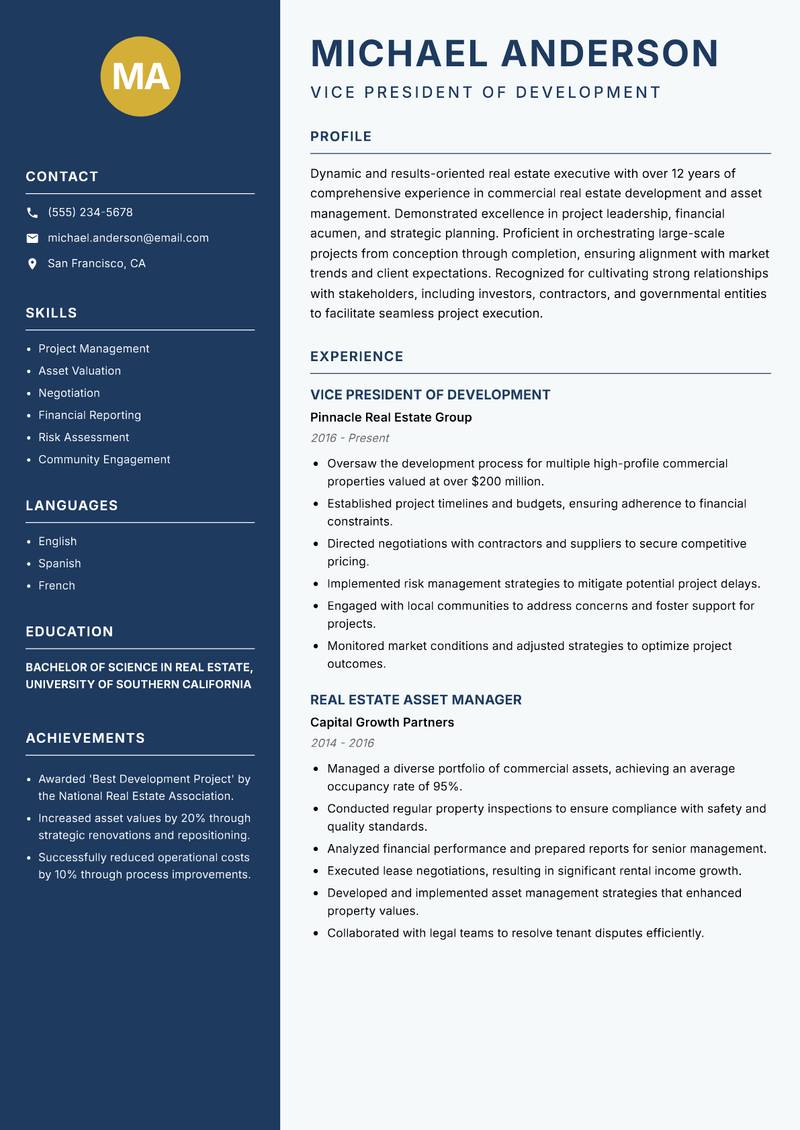 Head of Real Estate Resume Preview Example