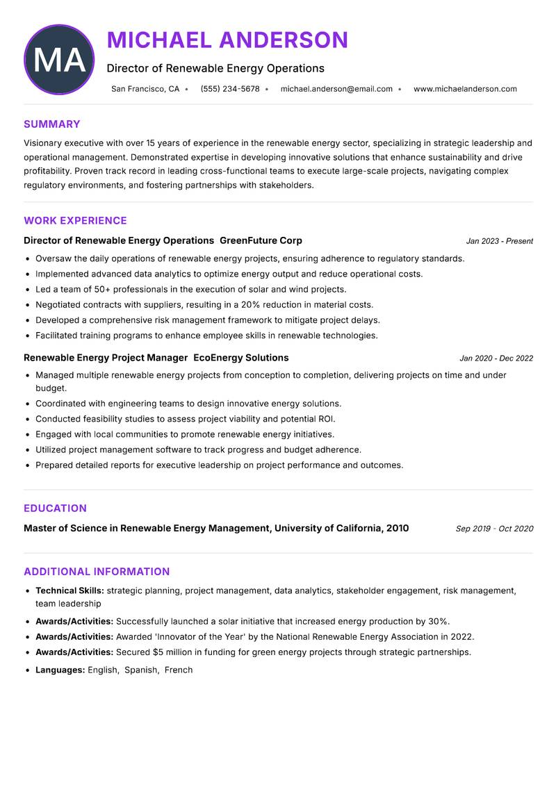 Head of Renewable Energy Resume Preview Example