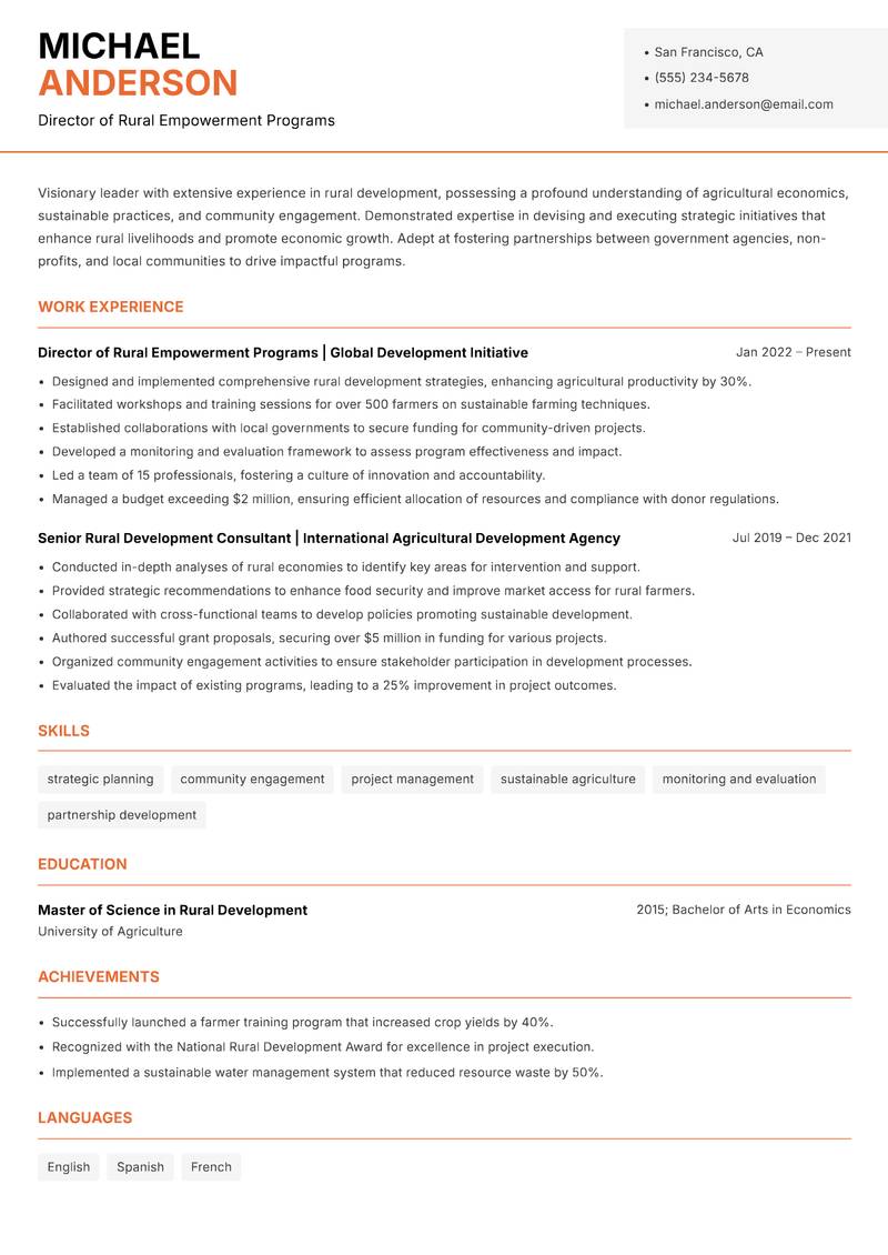 Head of Rural Development Resume Template