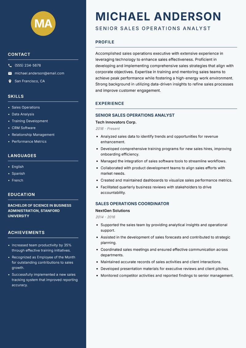 Head of Sales Operations Resume Preview Example