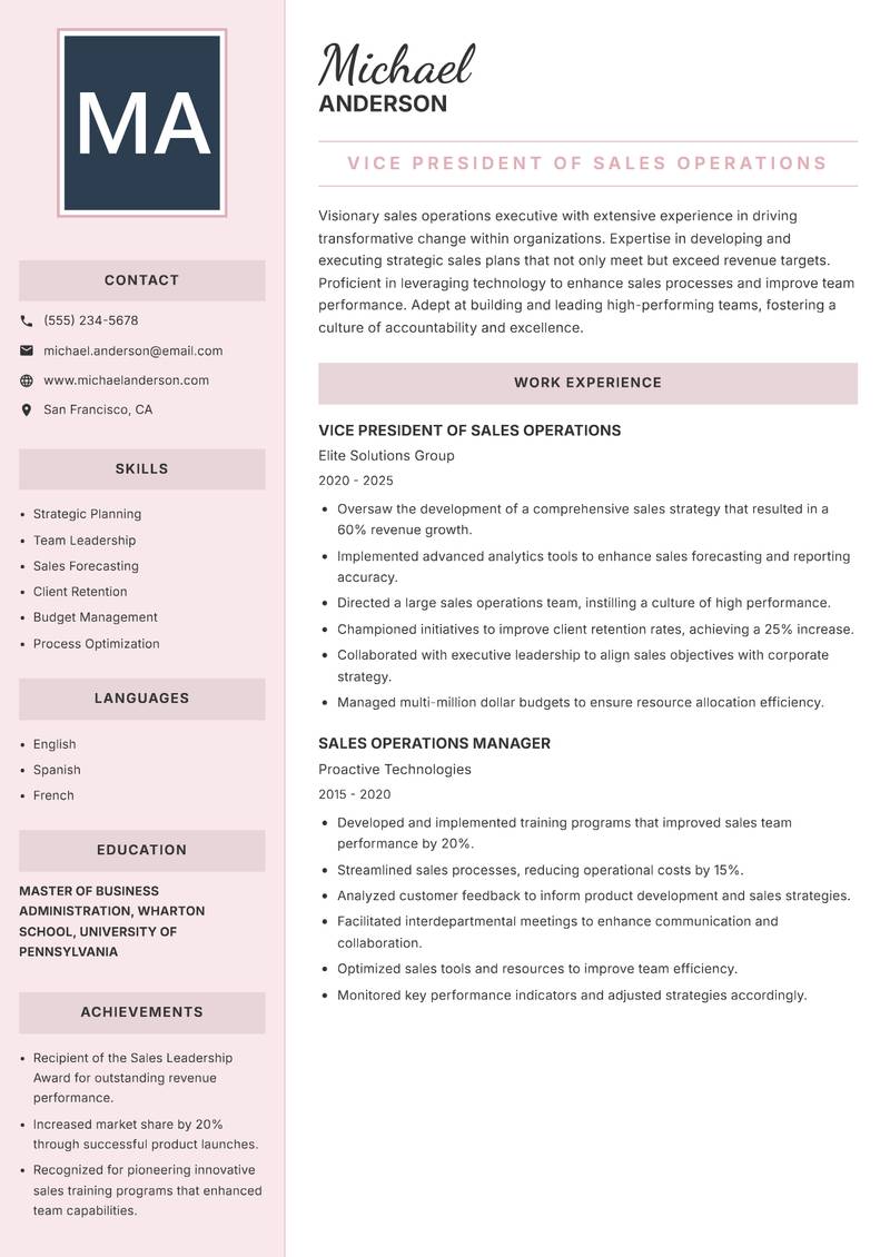 Head of Sales Operations Resume Preview Example