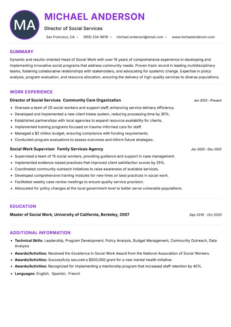 Head of Social Work Resume Preview Example