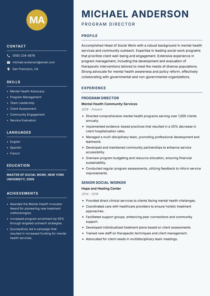 Head of Social Work Resume Preview Example