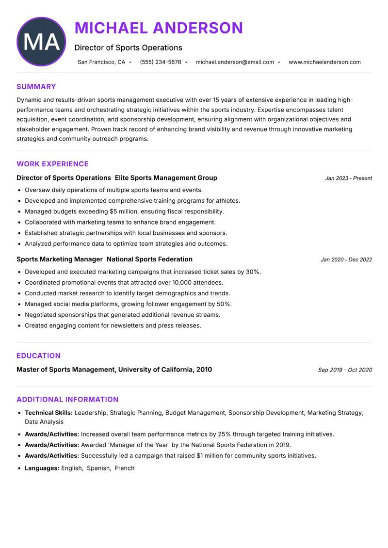Head of Sports Management Resume Preview Example