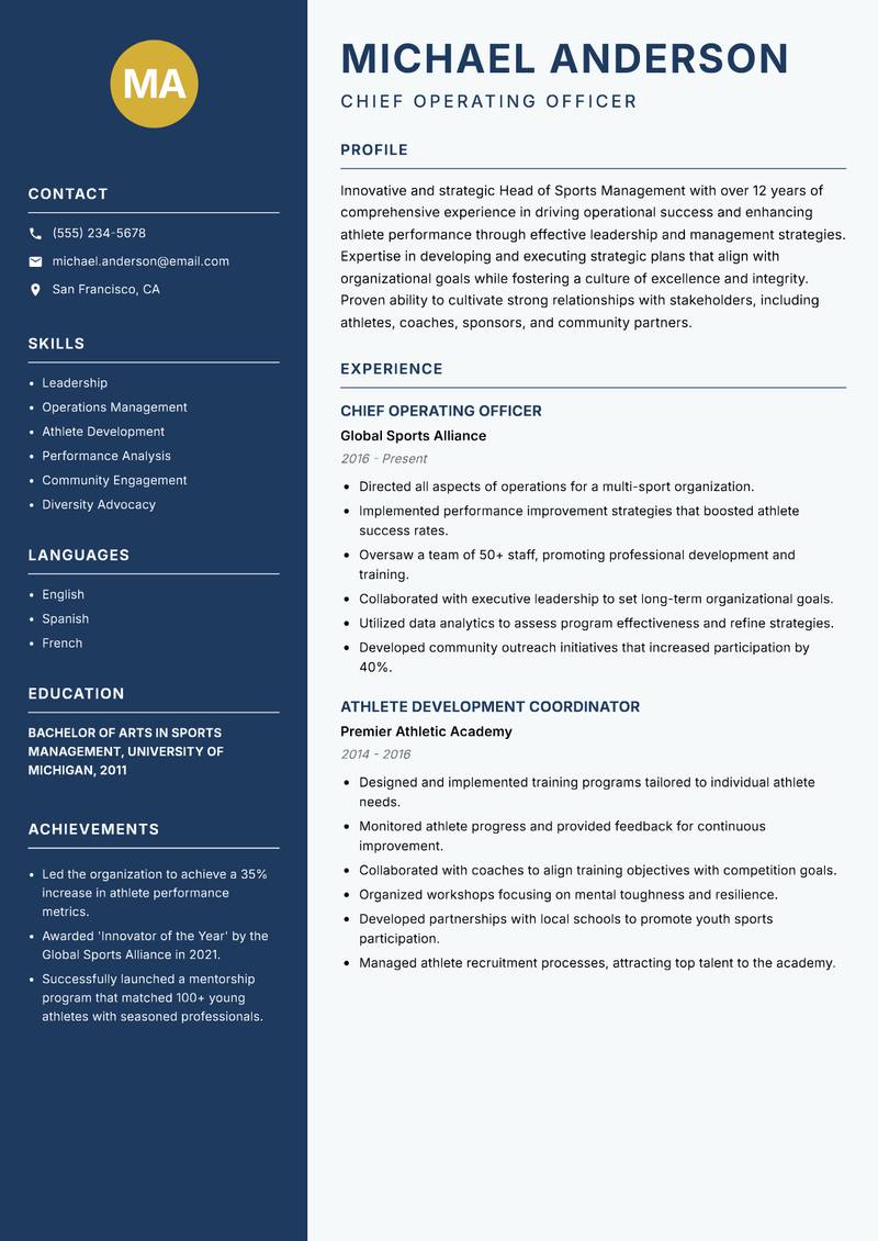 Head of Sports Management Resume Preview Example