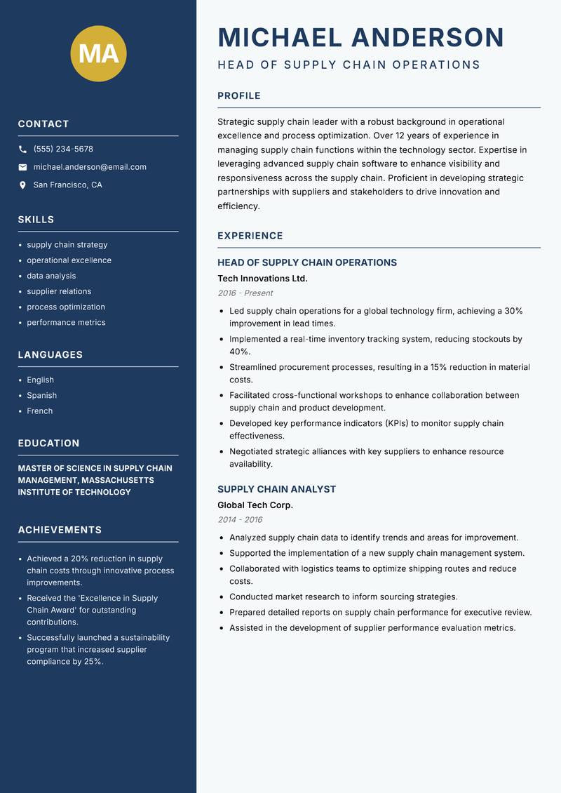 Head of Supply Chain Resume Preview Example
